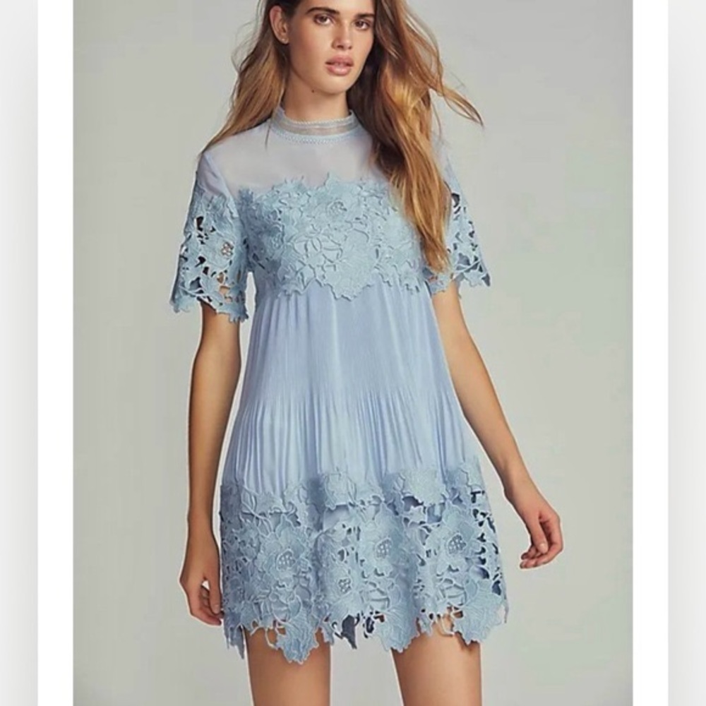 SAYLOR x FREE PEOPLE 🔹 Hollie Lace Floral Mini Blue Dress w Pleating - Size S
